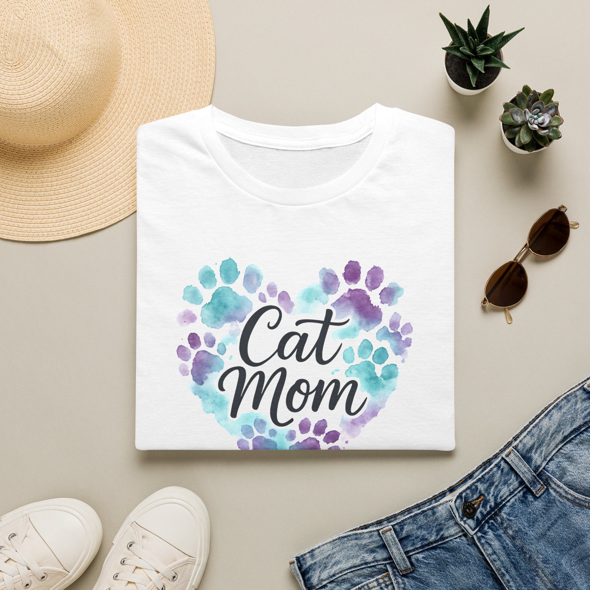 Watercolor Cat Mom Heart T-Shirt