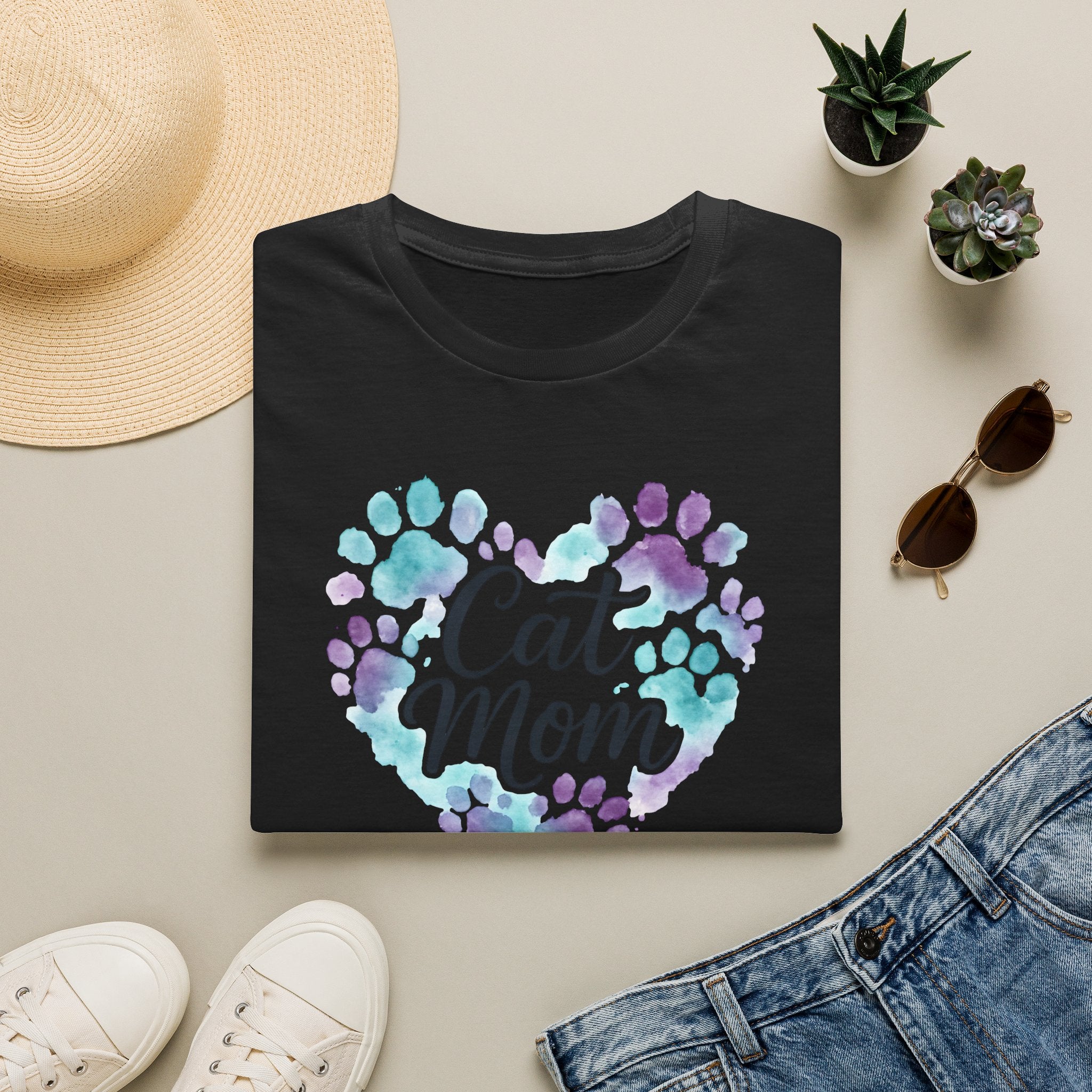 Watercolor Cat Mom Heart T-Shirt